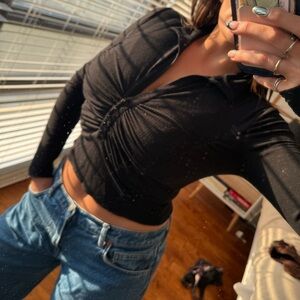 Urban Outfitters Black Ruched Long Sleeve Bodysuit